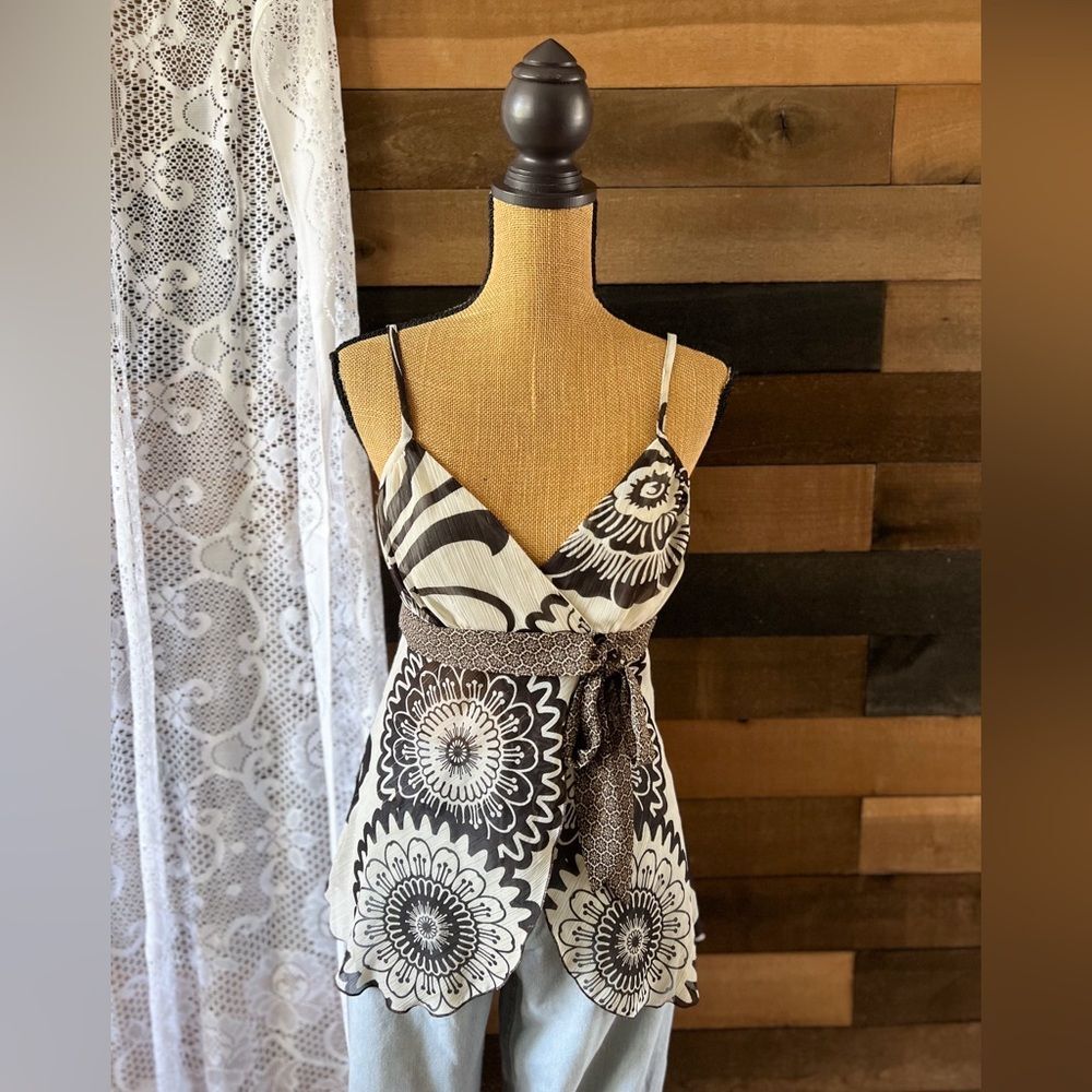 Y2K BCX Boho Hippy Brown & Cream Mosaic Floral Tank Top Size Large
